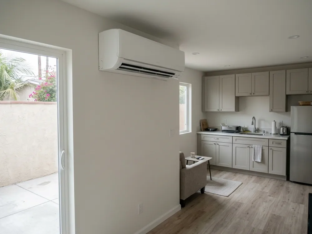 Mini-split in a compact living area with kitchenette.