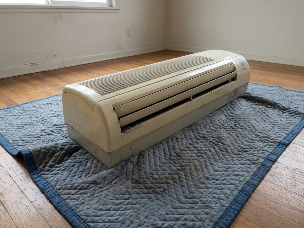 Removed indoor mini-split resting on a protective blanket.