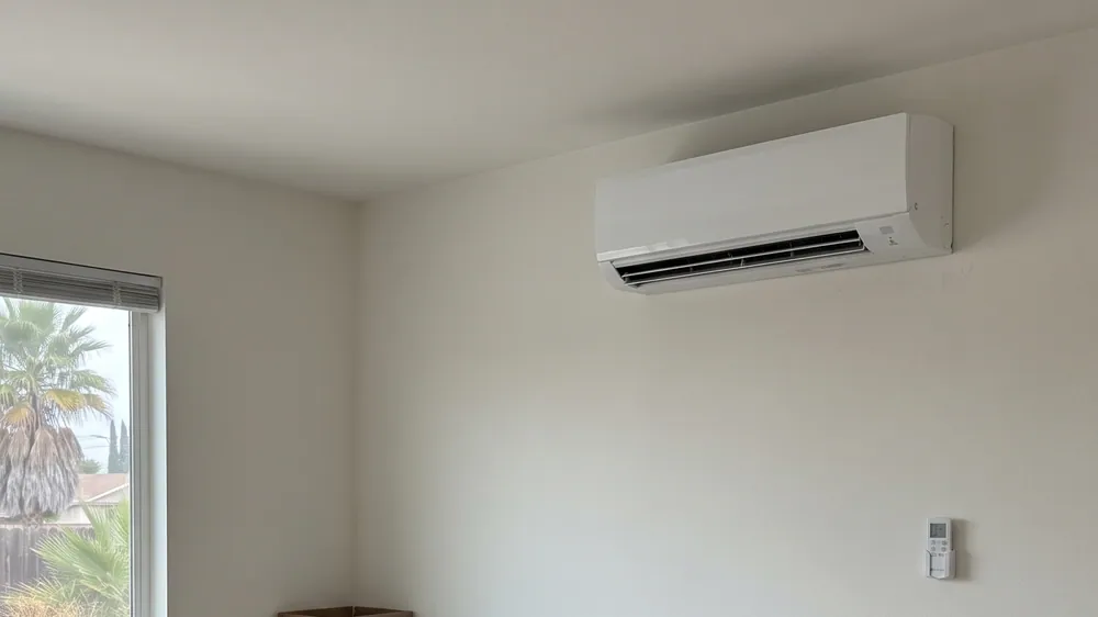 Wall-mounted mini-split beside a window in a room addition.