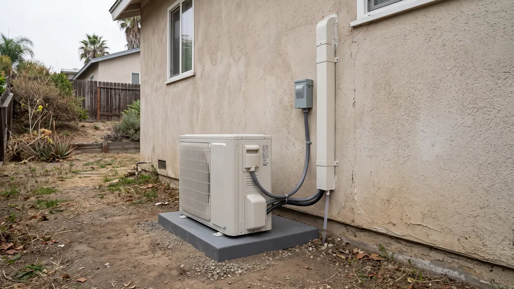 Outdoor mini-split on a level support beside a house and sloping yard.