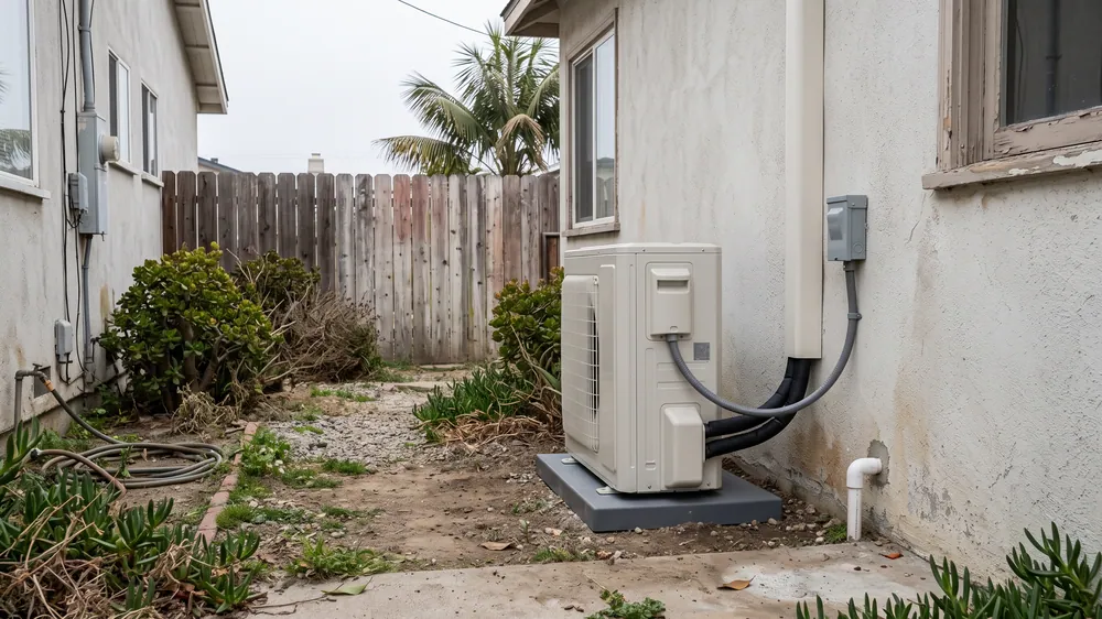 Outdoor mini-split beside a modest coastal-area house.
