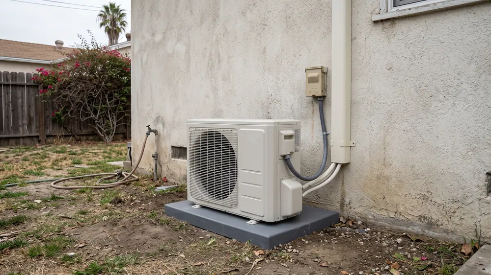 Outdoor mini-split at the rear of an older stucco house.