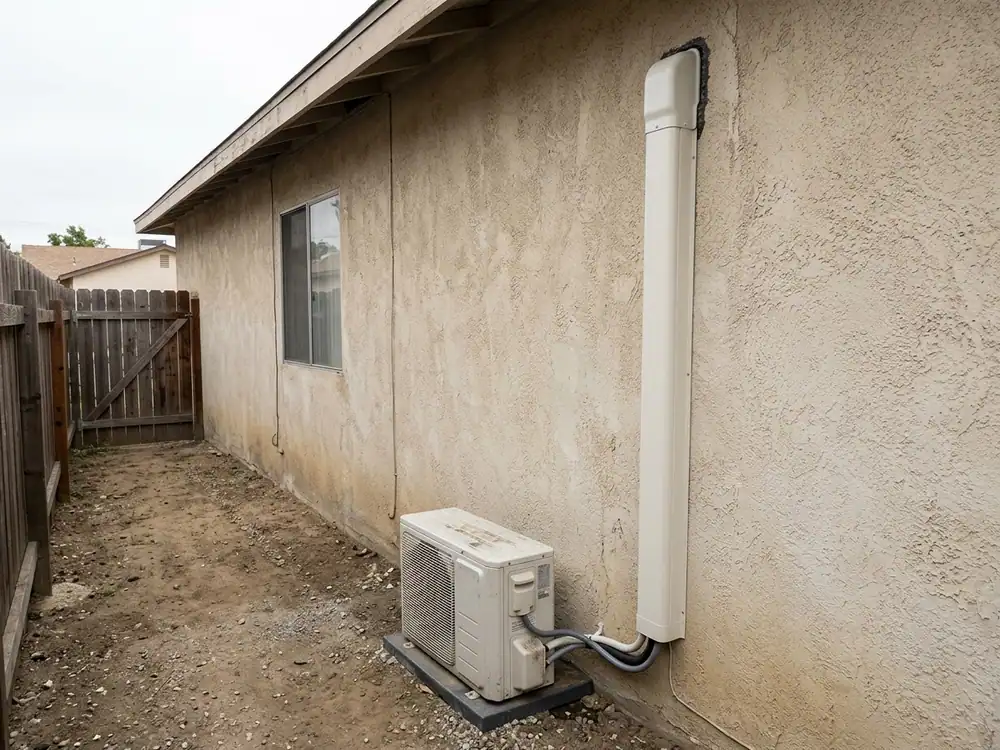 Exterior protective line cover and wall entry.